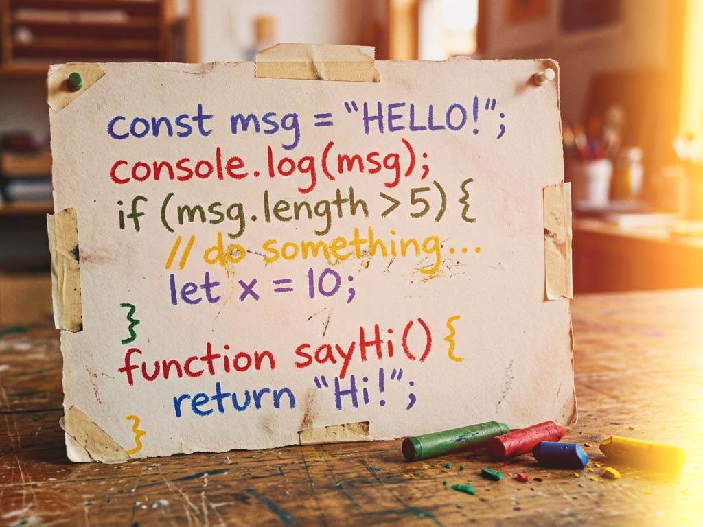 Canvas on table with JavaScript code written on it with crayons and chalk.